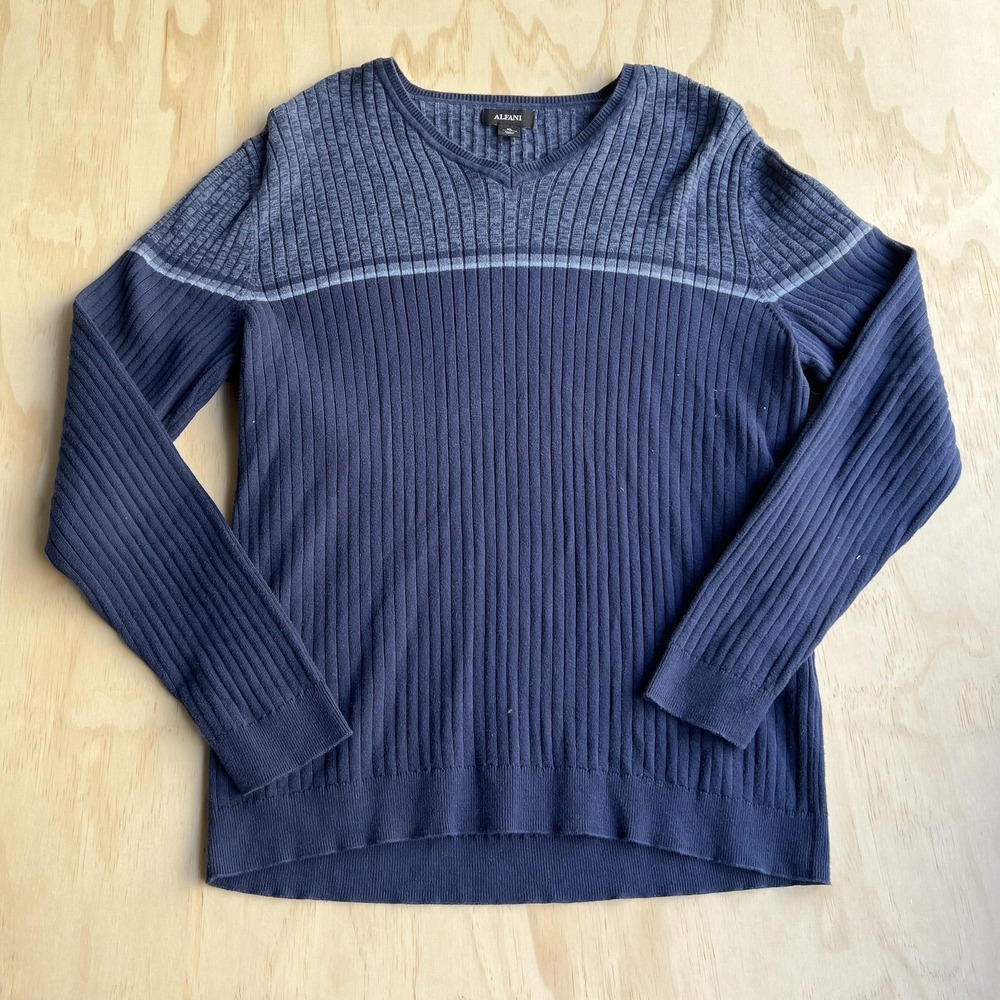 Alfani Sweater Mens XL Blue Striped V Neck 100% Cotton Ribbed Knit Pullover